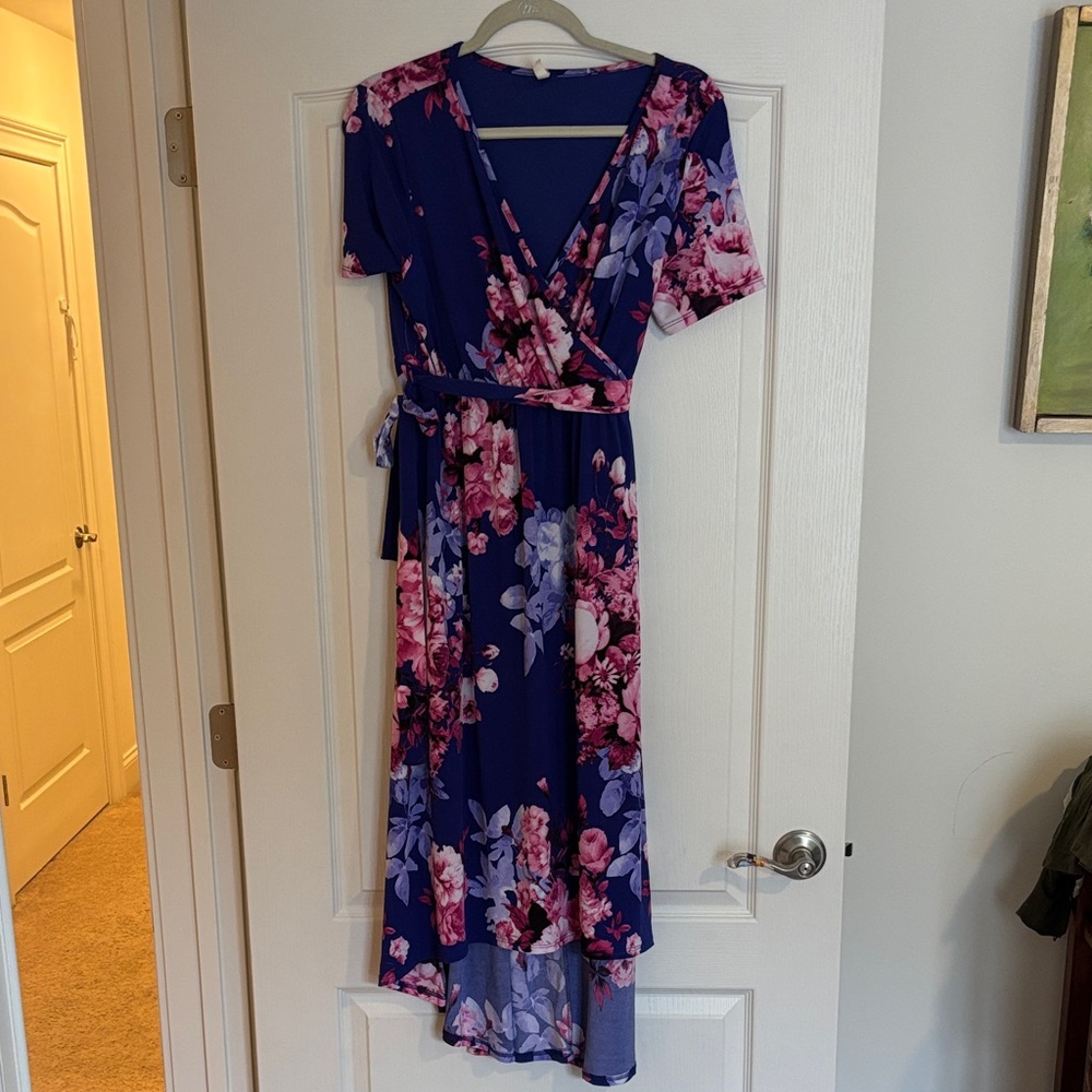 Pinkblush Navy Floral High-Low Wrap Dress with Pink Accents